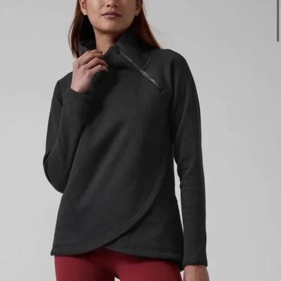 Athleta Cozy Karma Asym Pullover Fleece Sweatshirt Black Size S‎ Petite - Picture 1 of 13